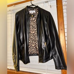 Calvin Klein Black Faux Leather Jacket with Animal Print Lining